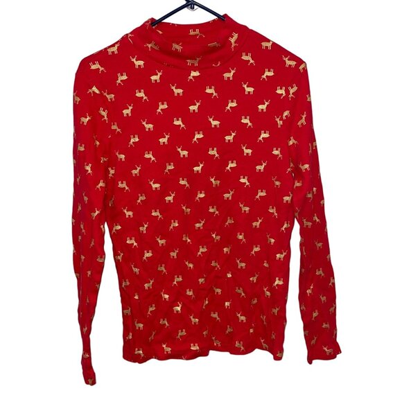 White Stag Red Long Sleeve Turtleneck Shirt With Gold Reindeer Print Size M - Picture 1 of 5